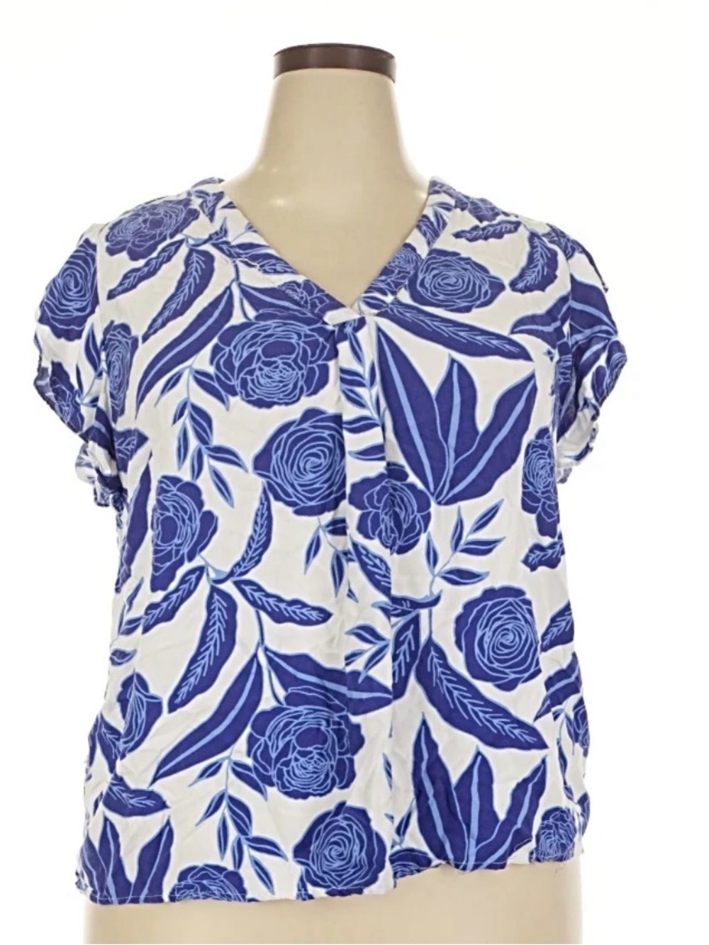 Christian Siriano White and Blue Floral V-Neck Blouse